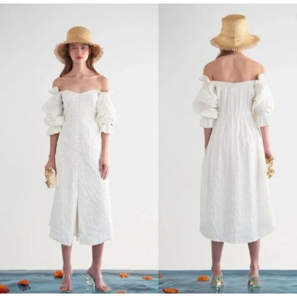 Cult Gaia Simona Ruffled Off The Shoulder Midi Dress Off White Womens Size 0 - Picture 2 of 11